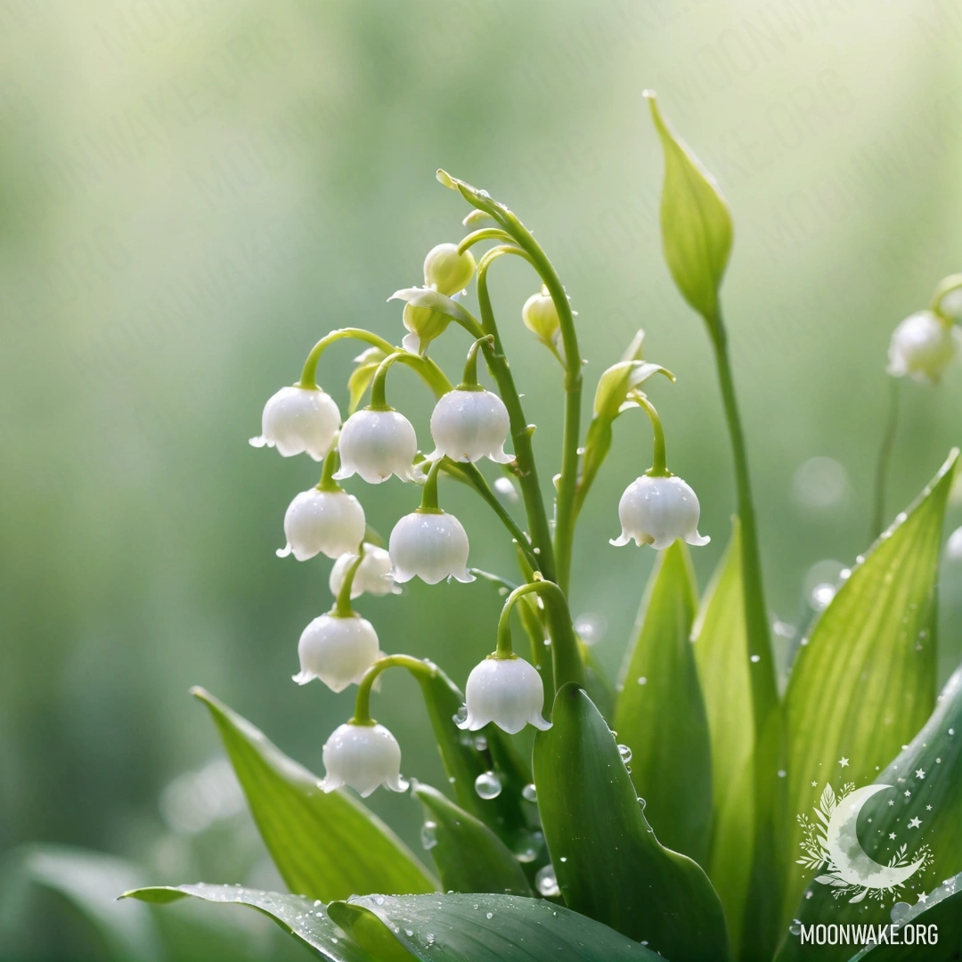 A delicate lily of the valley surrounded by mist and sunny rays.