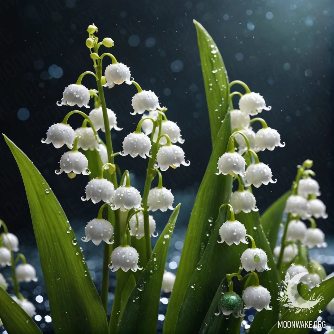 A delicate lily of the valley surrounded by mist at night, glimmering with sequins in sea wave colors.