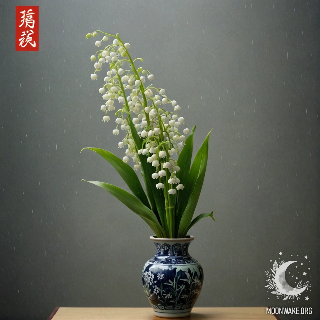 Lily of the Valley in the Mist A delicate lily of the valley in a green vase, surrounded by mist and rain.