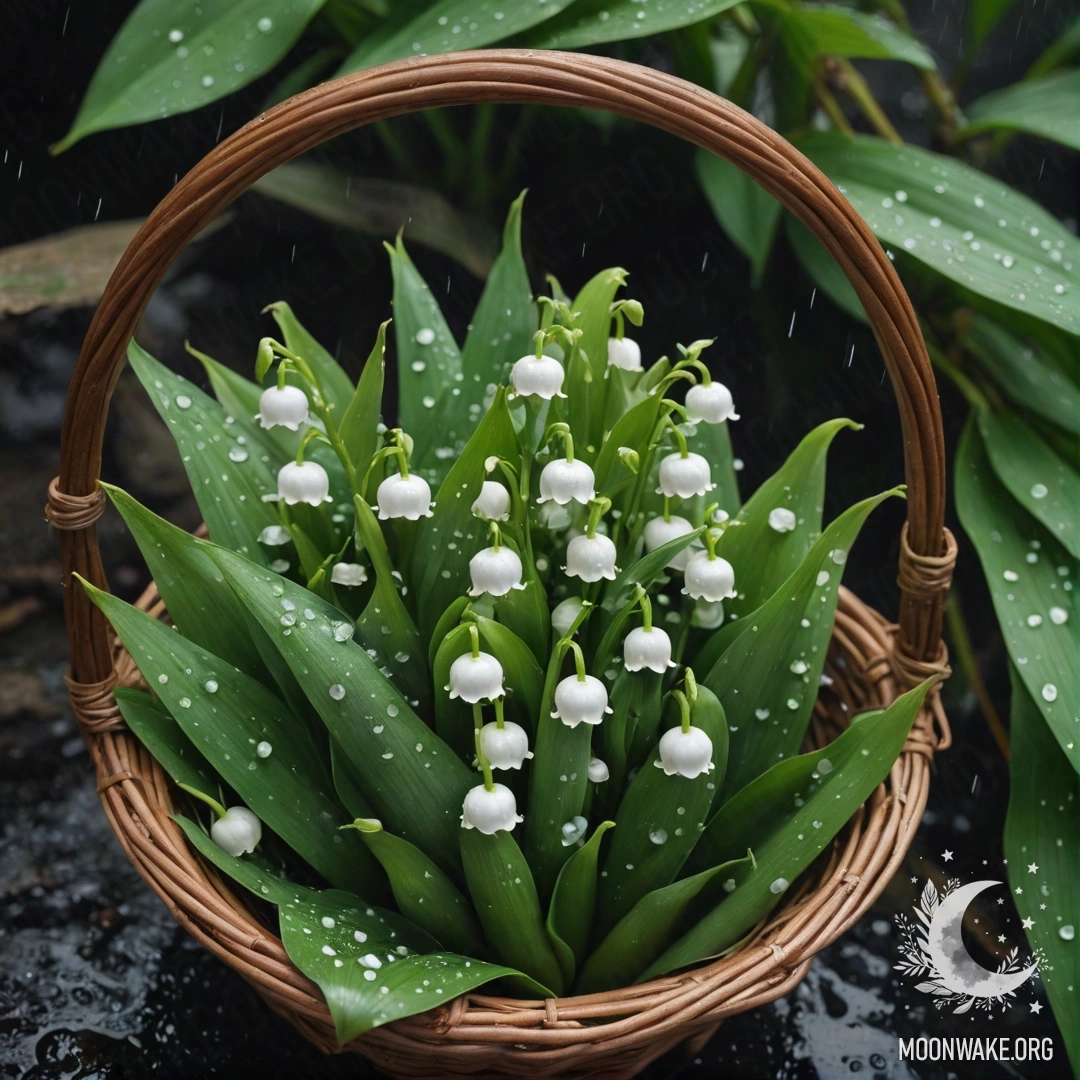 Lily of the Valley in the Rain A basket filled with green lily of the valley flowers, wet from rain.