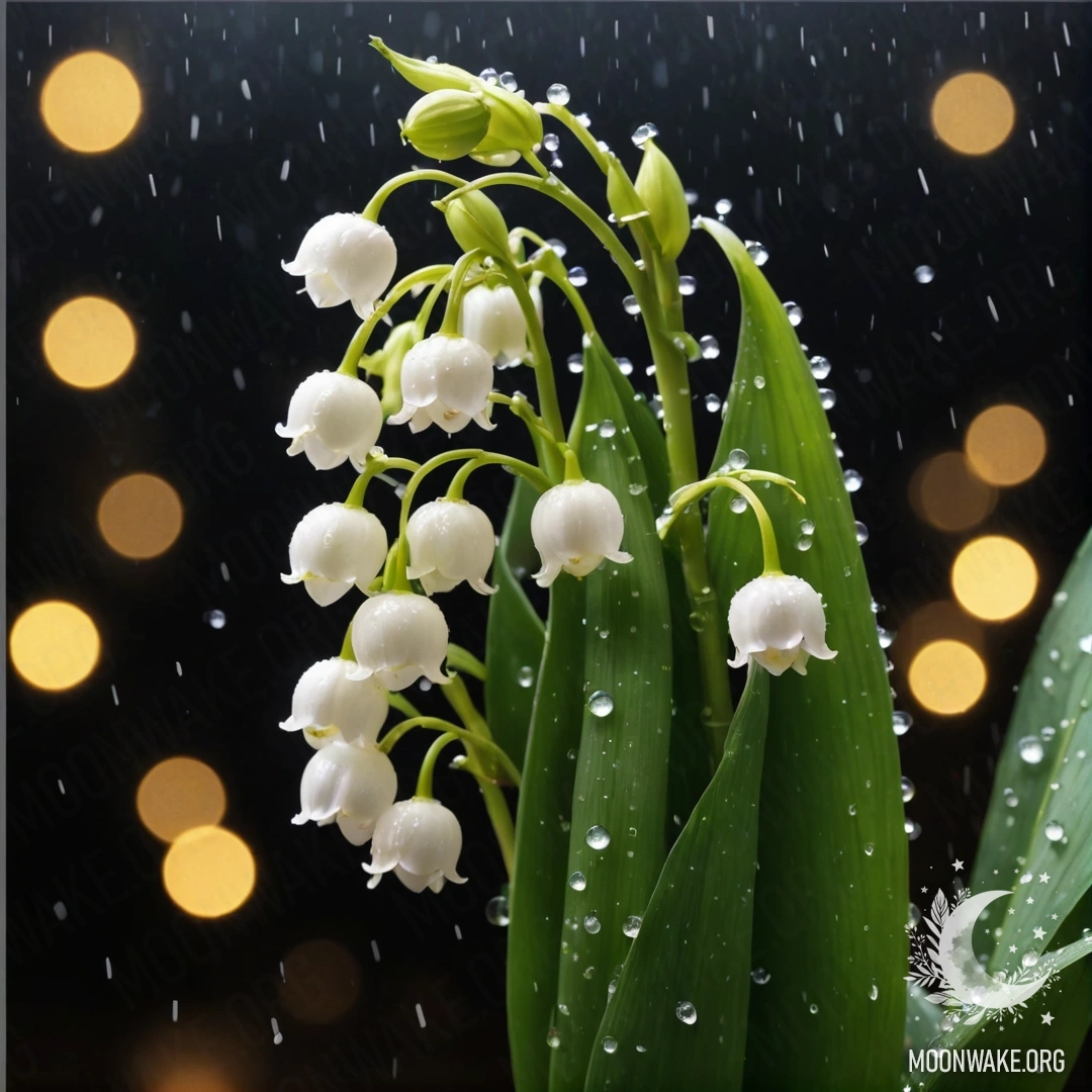 A stunning lily of the valley illuminated by rain at night, with shimmering yellow sequins.