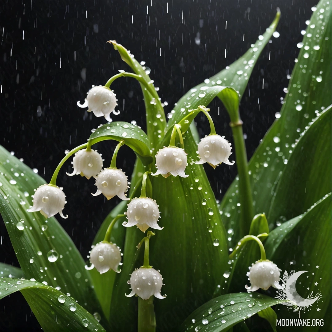 A cream yellow lily of the valley with rhinestones glistening in the rain at night.