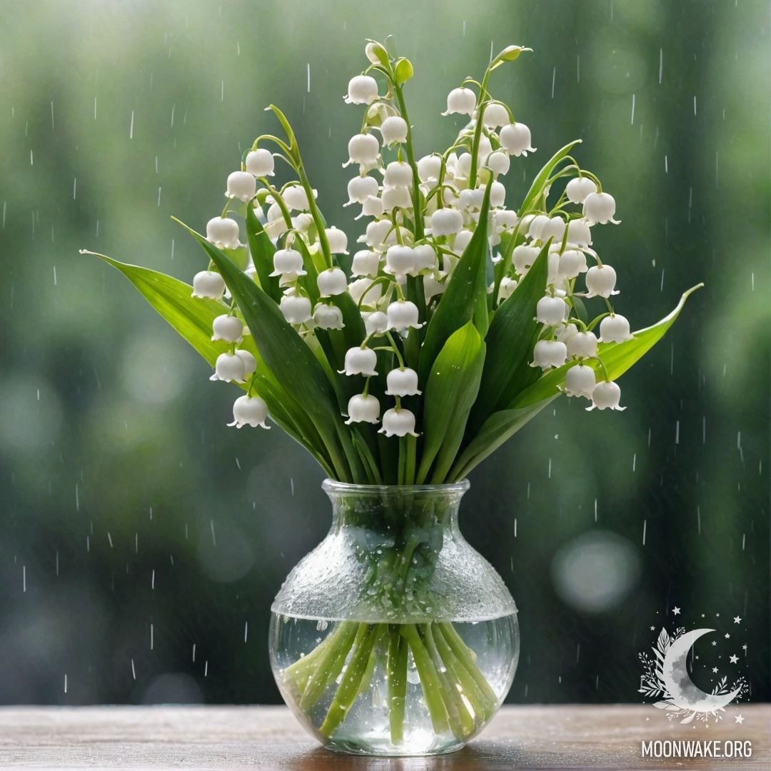 A vase with beautiful lily of the valley under the rain, illuminated by sunny rays.
