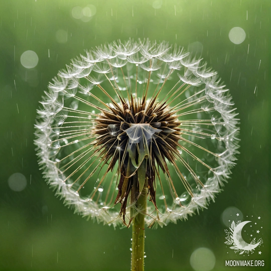 A minimalist depiction of a lime-colored dandelion beneath falling rain with sparkling glitter.