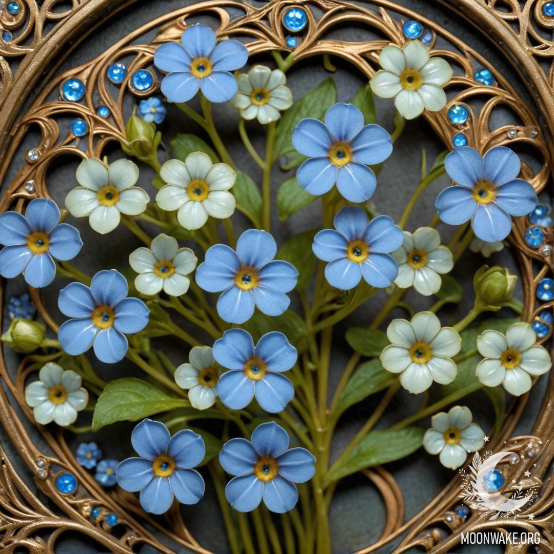 A close-up of delicate lime-colored forget-me-nots adorned with rhinestones.
