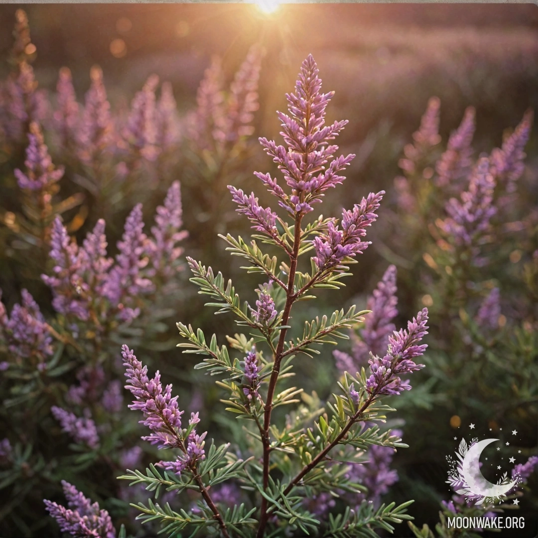 A tranquil scene of lime-colored heather at sunset, with a glimmering effect.