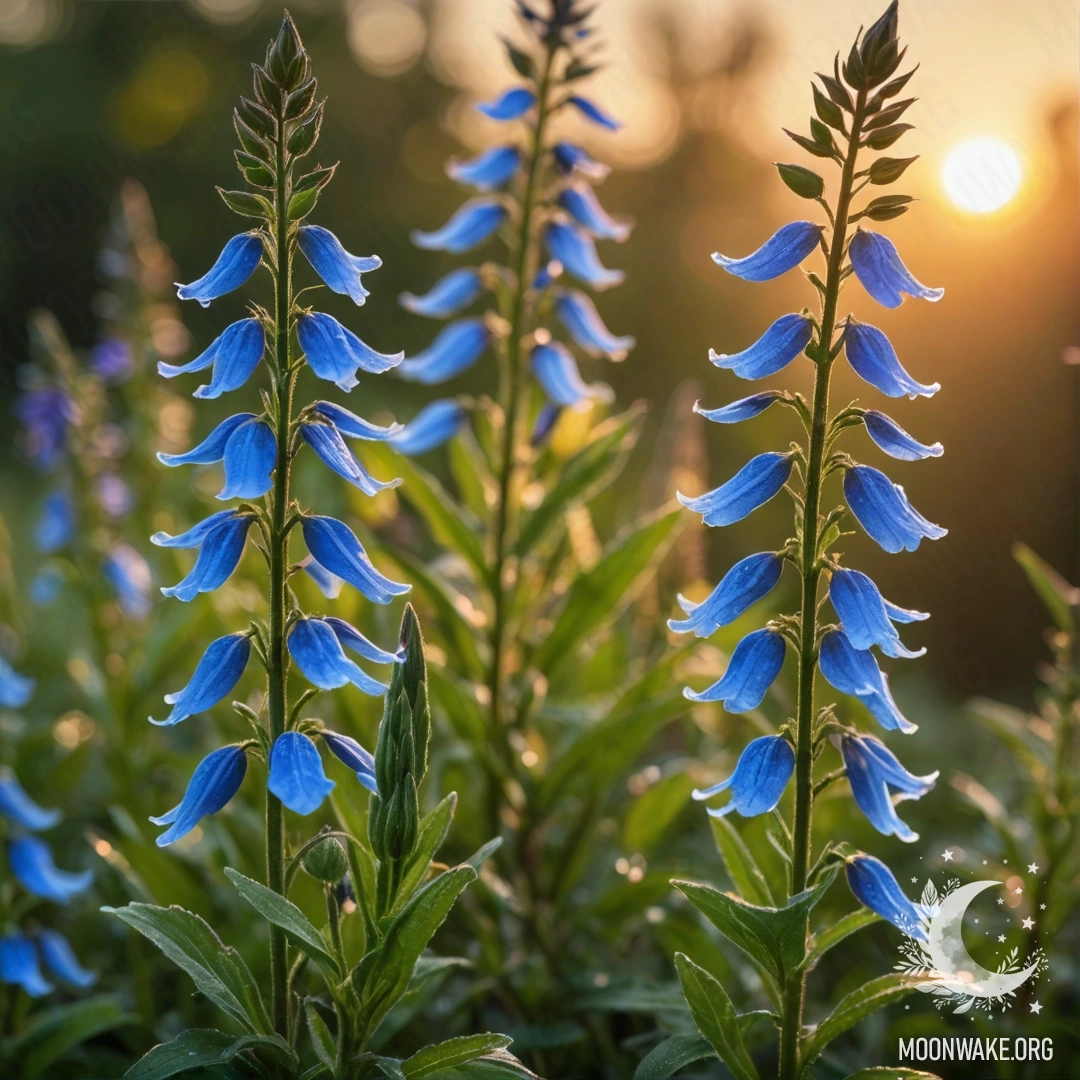 A beautiful green lobelia blooming at sunset adorned with sequins.