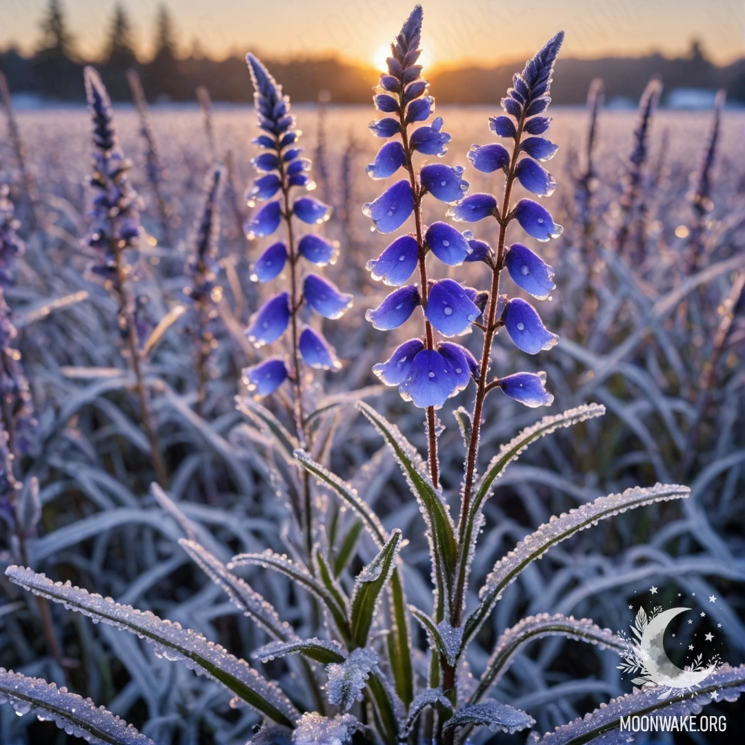 A serene lavender lobelia surrounded by frost at sunset, embellished with rhinestones.