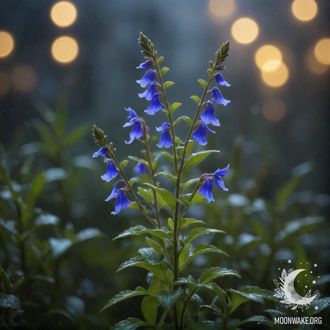 Beautiful lobelia flowers emerging from misty background at night.