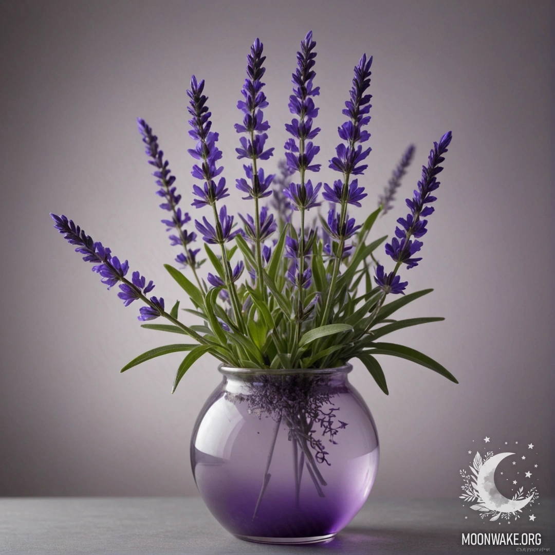 Lobelia in Lavender Vase at Night A lavender-colored vase holding lobelia flowers shrouded in fog at night.
