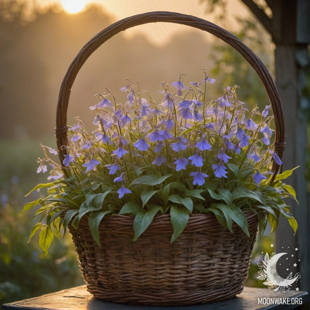 A basket of lime-colored lobelia flowers surrounded by mist during sunset.