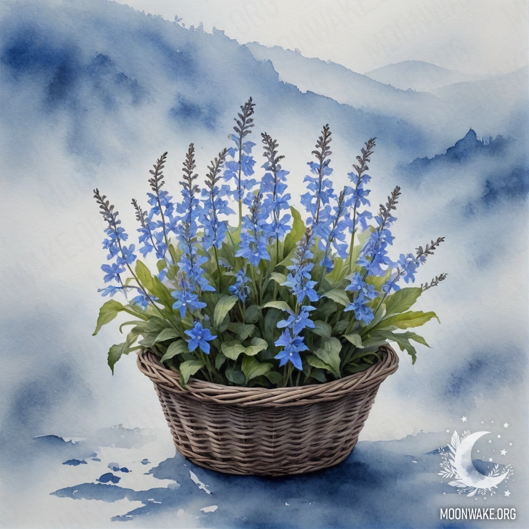 Lobelia in Mist: A Minimalist Wonder A delicate basket with sky blue lobelia flowers surrounded by mist.