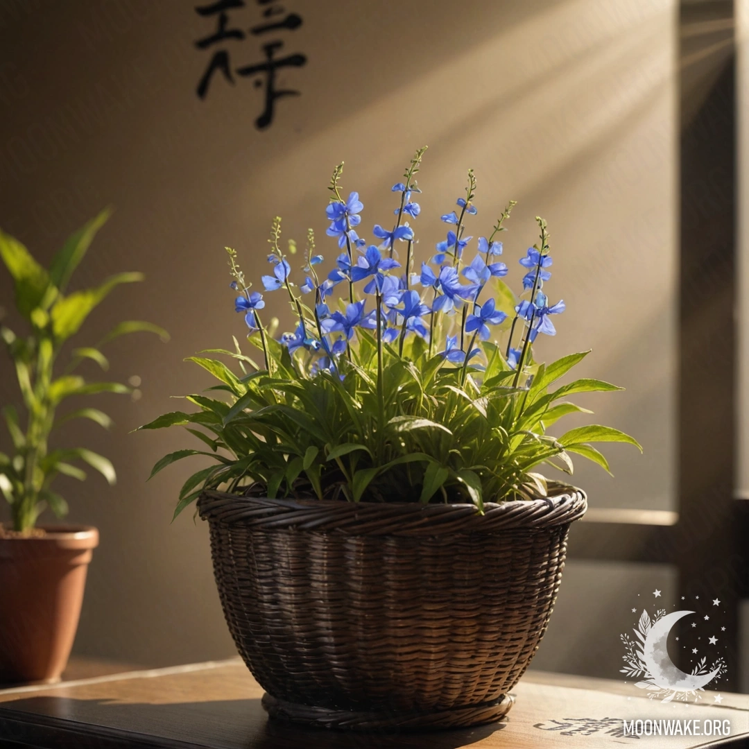 A minimalist arrangement of lobelia flowers in a basket, surrounded by mist and gentle sunlight.