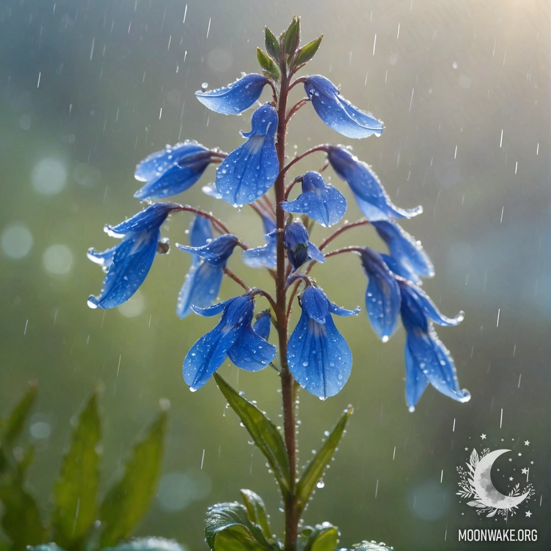 A delicate lobelia flower in a misty rain with sunny rays shining through.