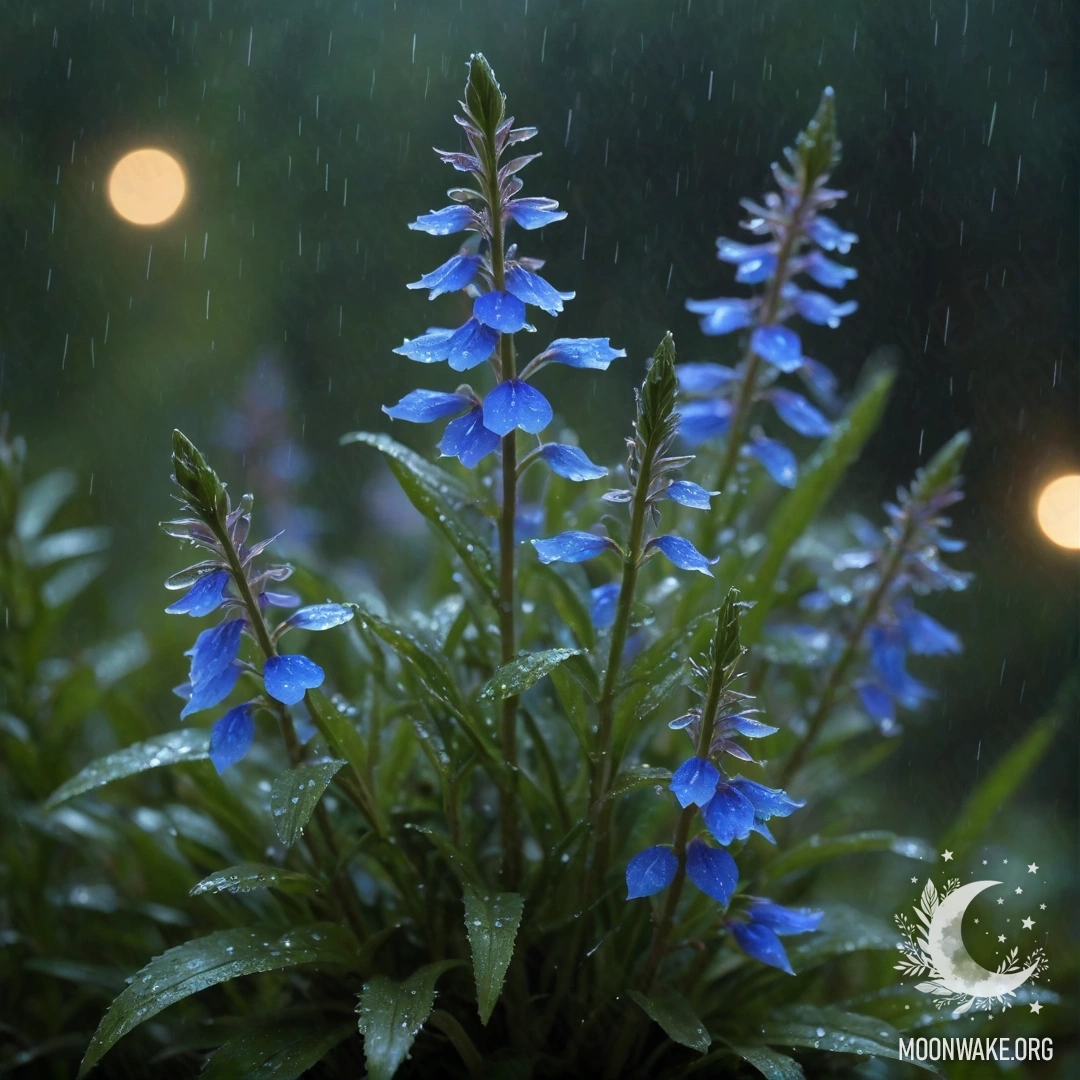 Peaceful lobelia flower surrounded by mist and rain at night.