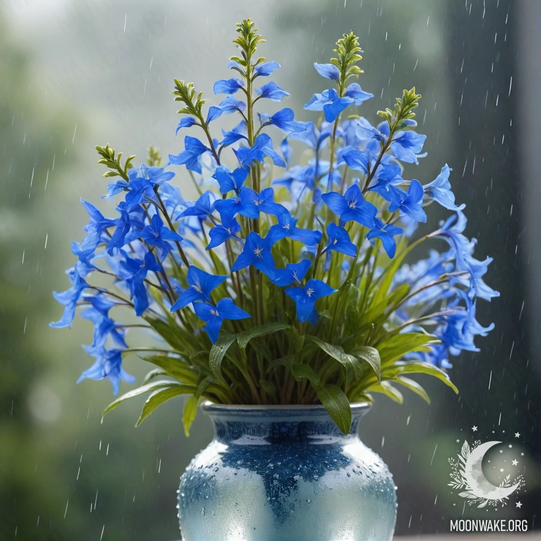 A beautiful arrangement of sky blue lobelia flowers in a vase, surrounded by mist and rain, illuminated by sunlight.