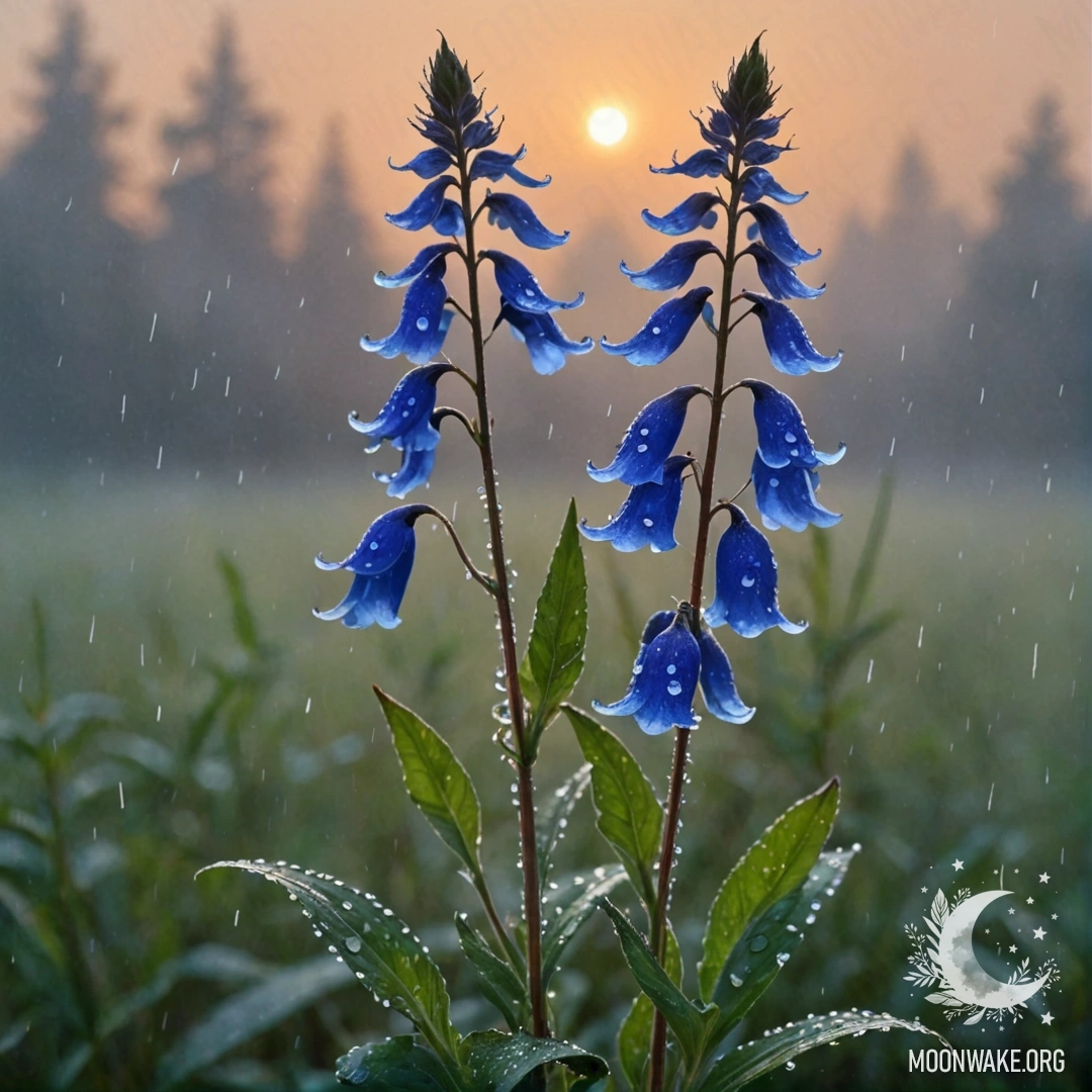 Lobelia in the Mist at Sunset Delicate lobelia flowers in mint color surrounded by mist and rain at sunset.