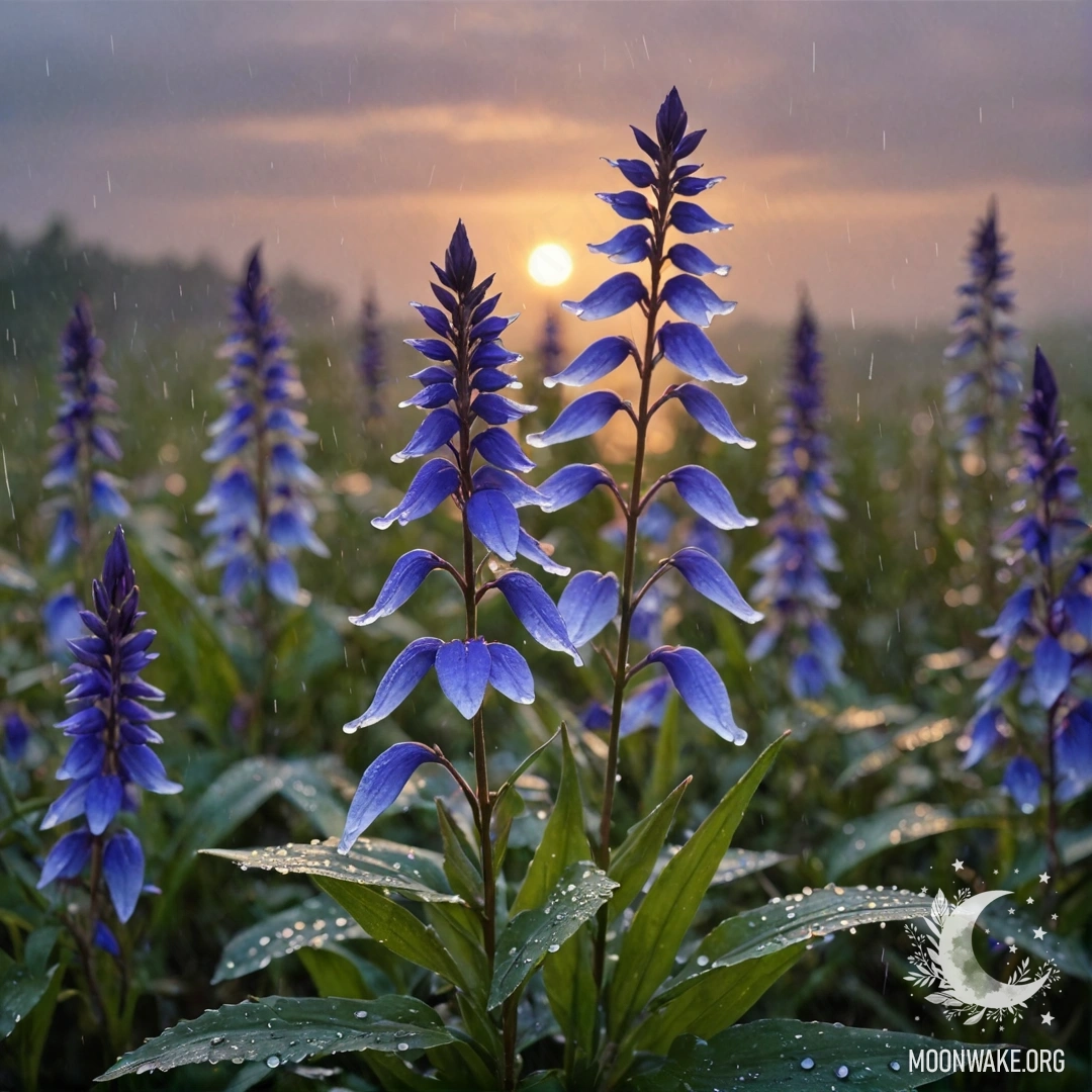Lobelia in the Mist at Sunset A beautiful lobelia plant surrounded by mist under soft rain with a sunset background reflecting sea wave colors.