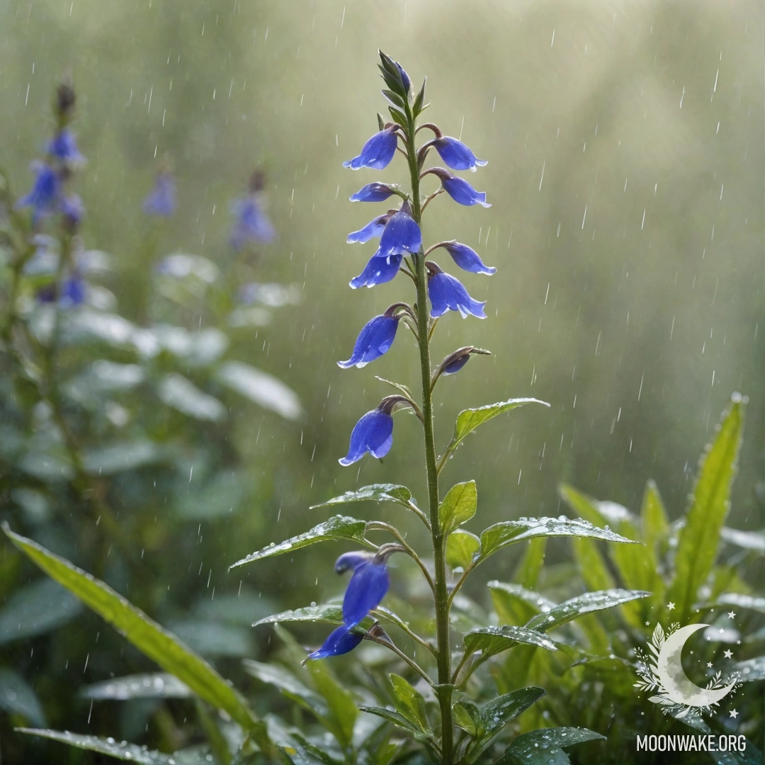 A serene depiction of lobelia flowers under rain in a misty atmosphere with sunlight peeking through.