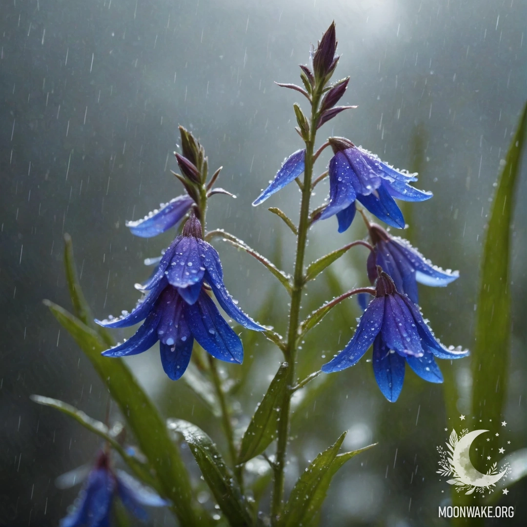 Lobelia Under Rain with Glitter A serene view of lobelia flowers glistening under raindrops.