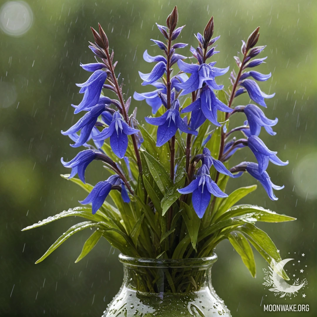A delicate lobelia plant in an olive-colored vase, drenched by rain.