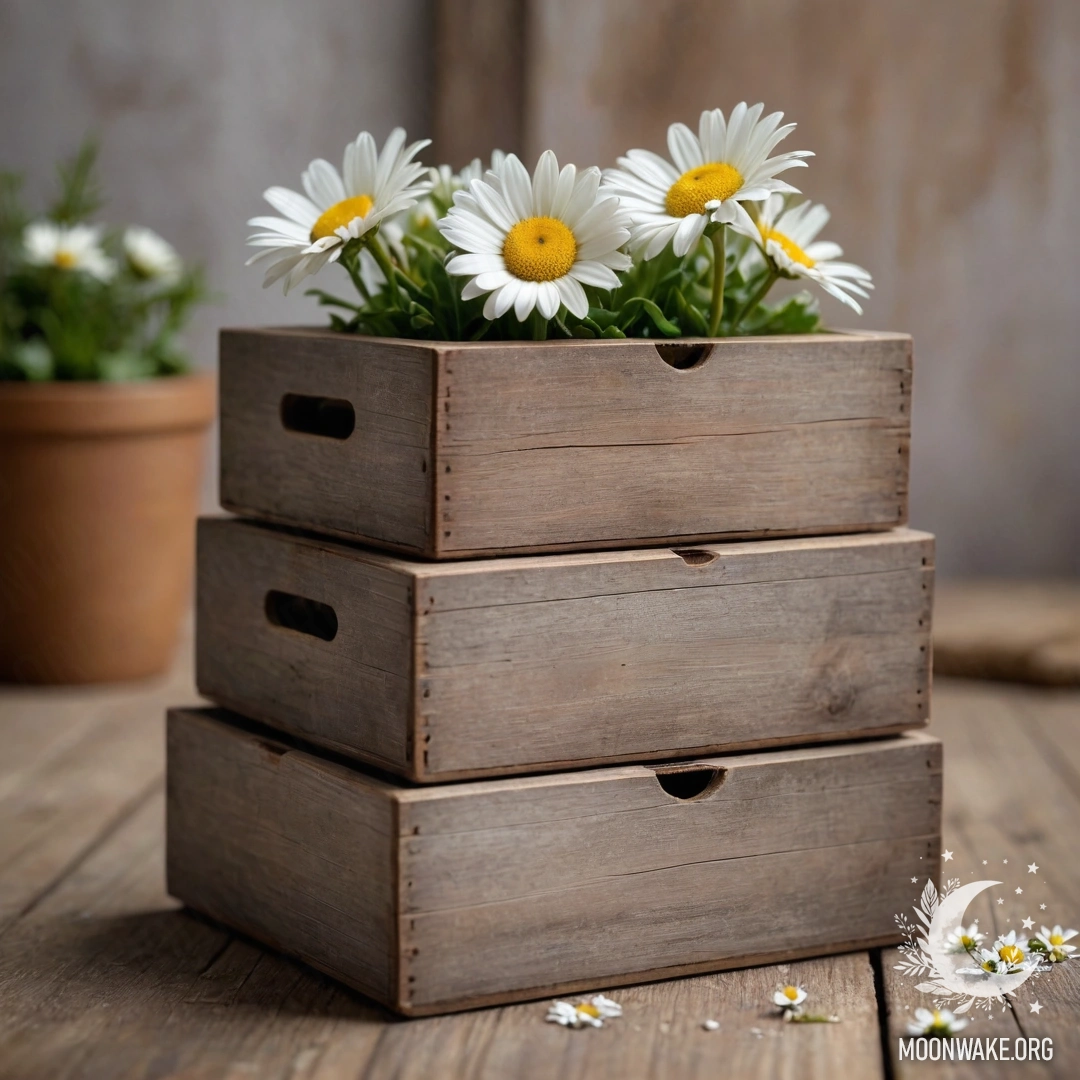 A stack of two shabby wooden boxes adorned with daisies.