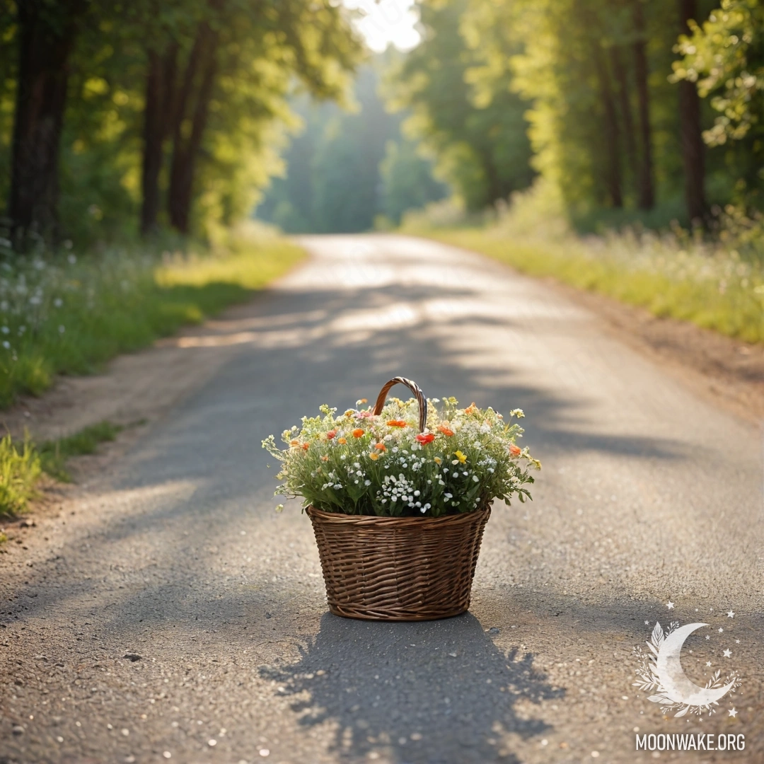 A basket of flowers rests on a dirt road with a bokeh background of trees.