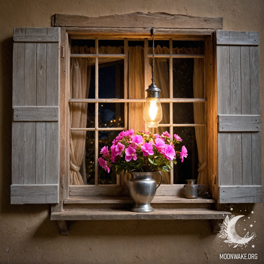 A shabby wooden window with shutters, above it a kerosene lamp and pink flowers at night.