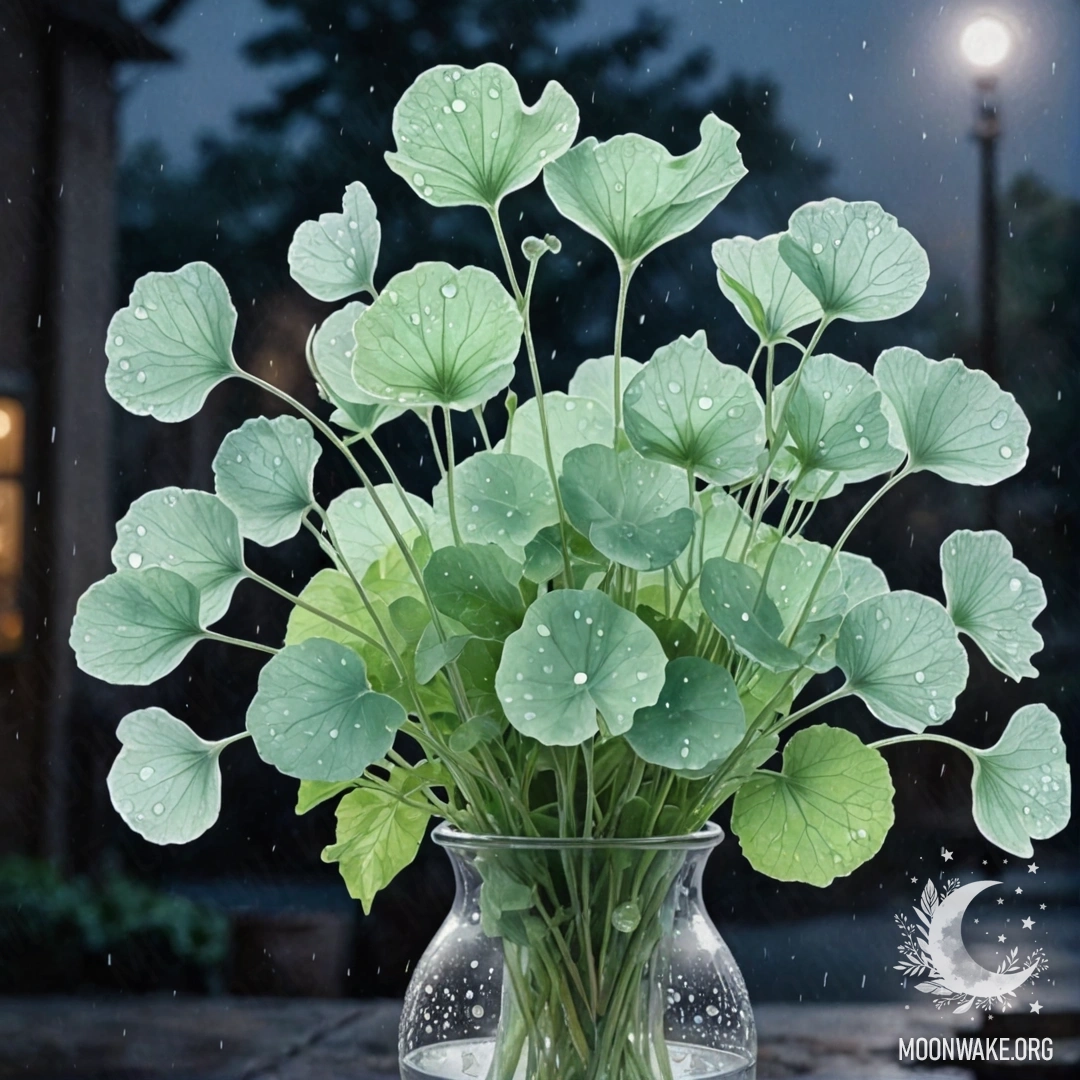 Lunaria in a Mint Vase A beautiful lunaria in a mint-colored vase surrounded by mist and rain at night.