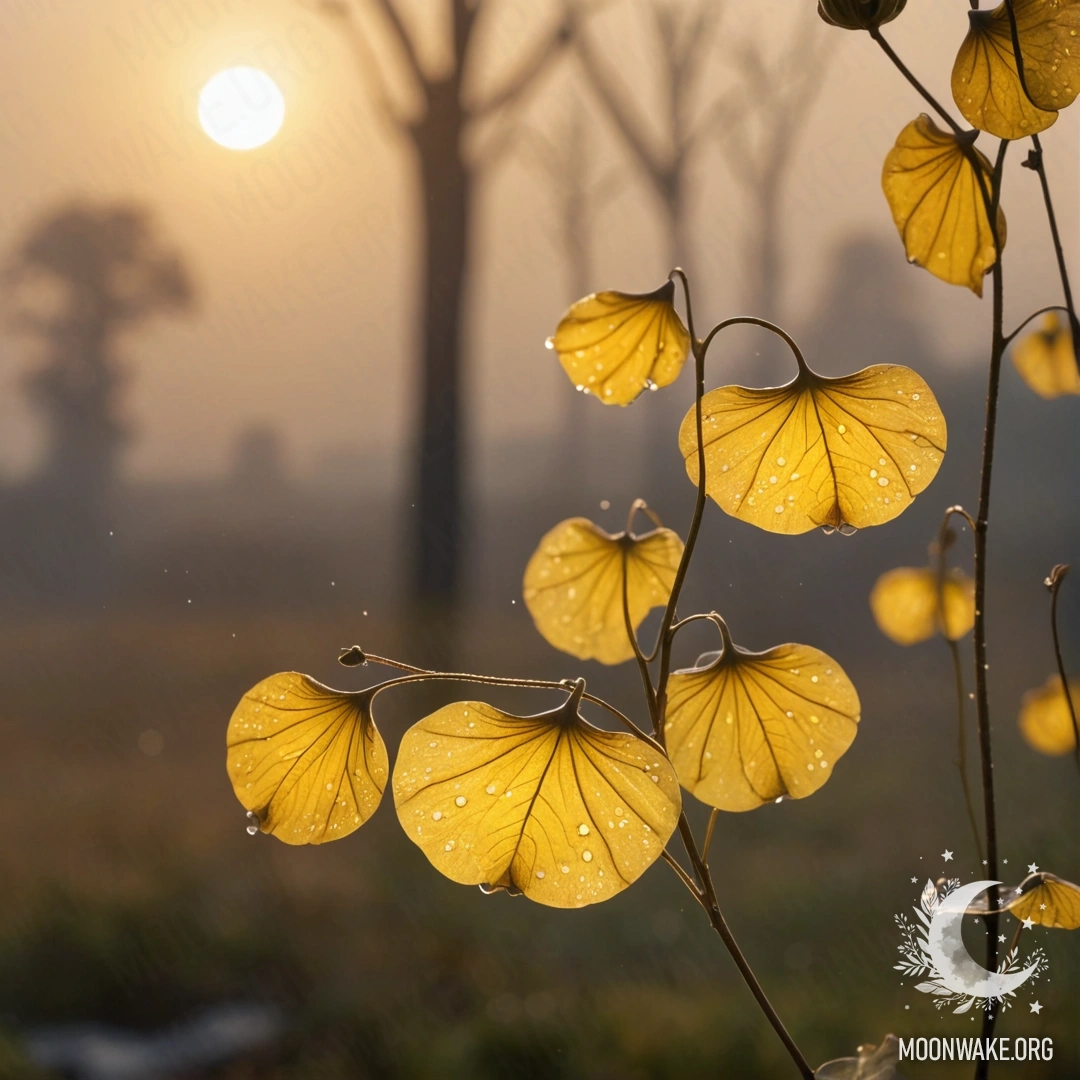 A minimalistic depiction of lunaria flowers in the mist during sunset, with raindrops and sparkling yellow sequins.