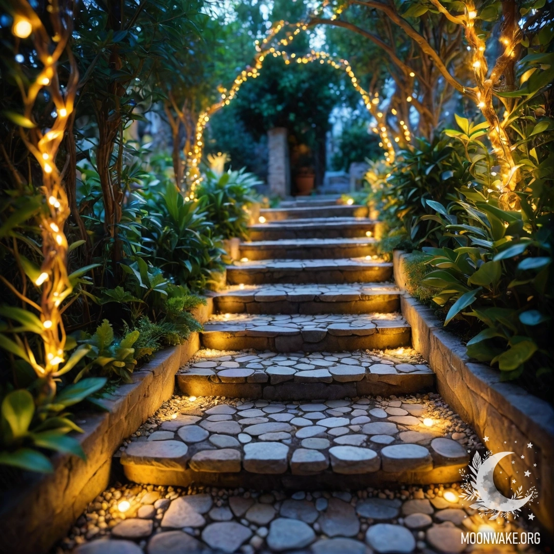 A beautifully decorated garden path with light garlands and a wooden staircase.