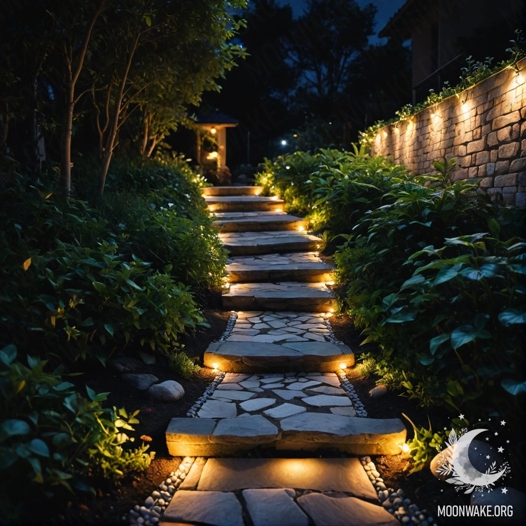 Magical Night Garden with Light Garlands A beautifully illuminated garden path with stone stones and a wooden staircase at night, adorned with light garlands.