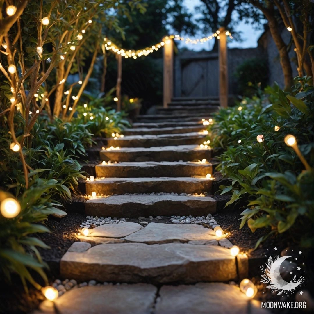A night garden with light garlands, stone path, and wooden stairs.