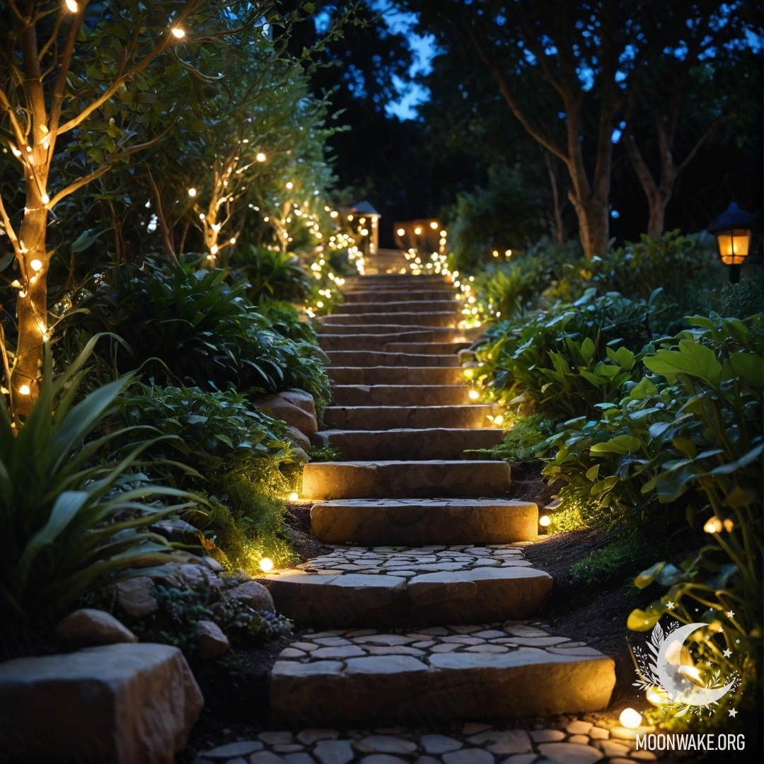 A beautiful garden at night adorned with light garlands and a stone path.