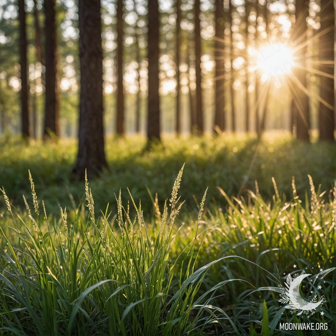 Close-up of grass in a field with sunlight filtering through trees.