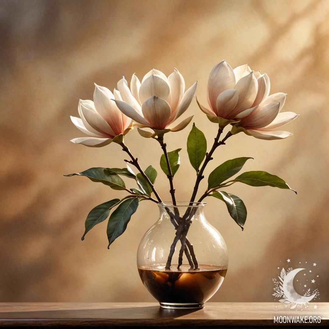 A watercolor painting of a magnolia flower in a coffee-colored vase surrounded by mist at sunset.