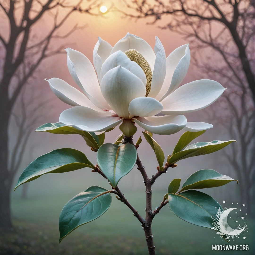 Magnolia in Misty Sunset A beautiful magnolia flower surrounded by mist during sunset with rhinestones reflecting mint colors.