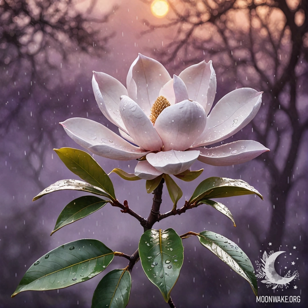 A beautiful purple magnolia surrounded by mist and rain at sunset.