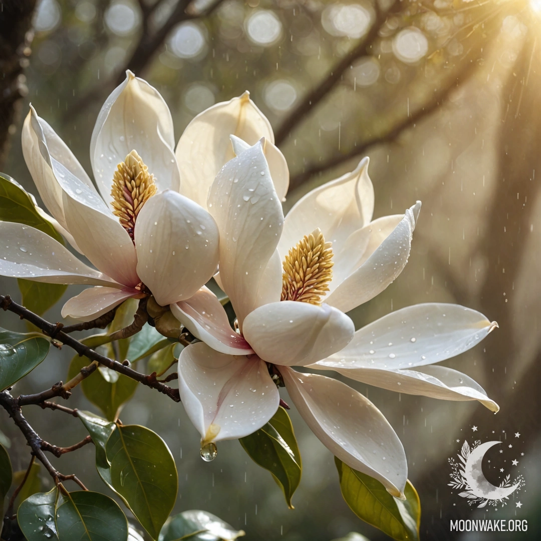 Magnolia in Misty Rain with Golden Rhinestones A peaceful magnolia flower enveloped in mist, gently falling rain, and glimmering golden rhinestones.
