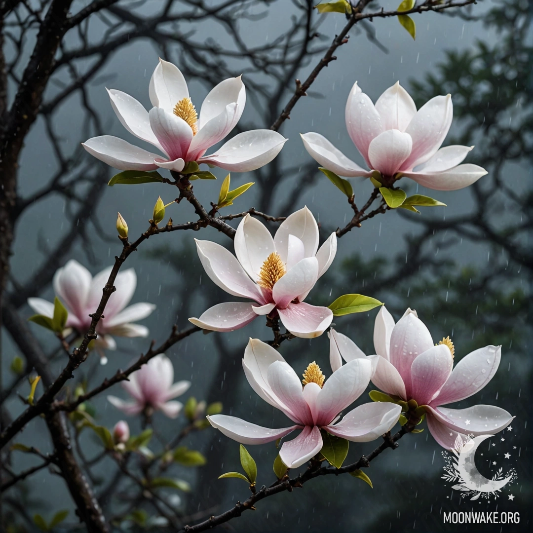 A beautiful magnolia tree surrounded by mist and rain at night.