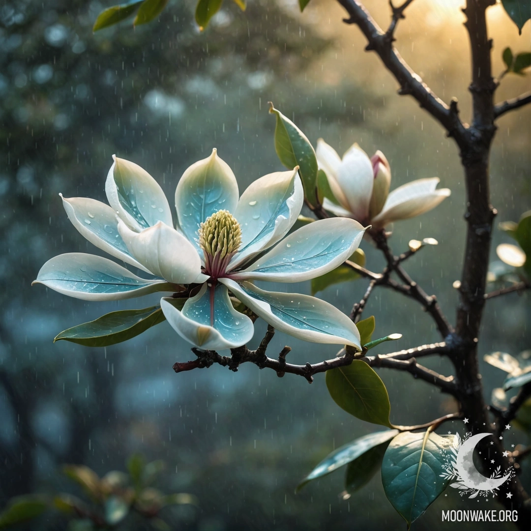A beautiful magnolia tree in the mist under rain at sunset.