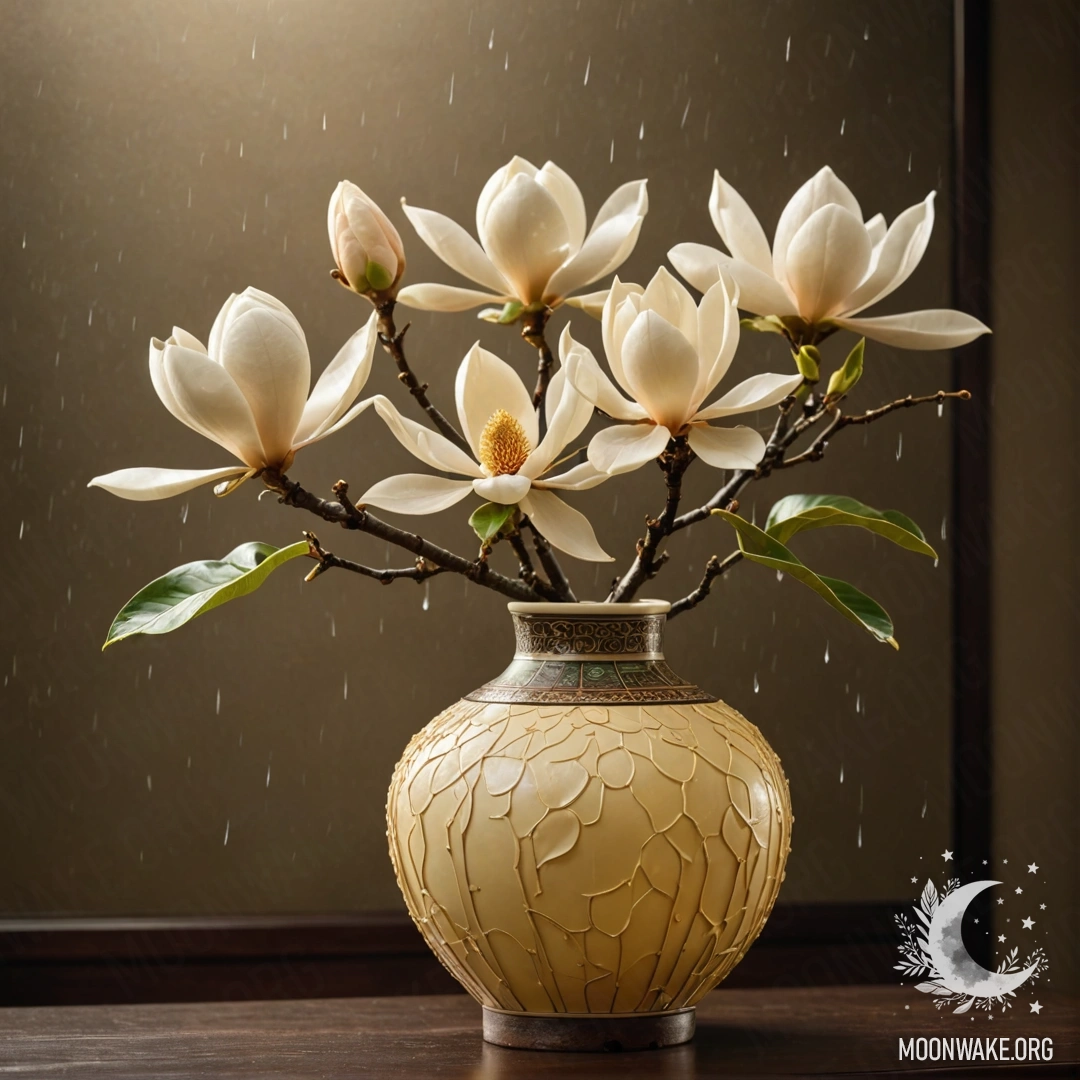 Magnolia in the Misty Rain A beautiful magnolia in a cream yellow vase, surrounded by mist and rain at night.