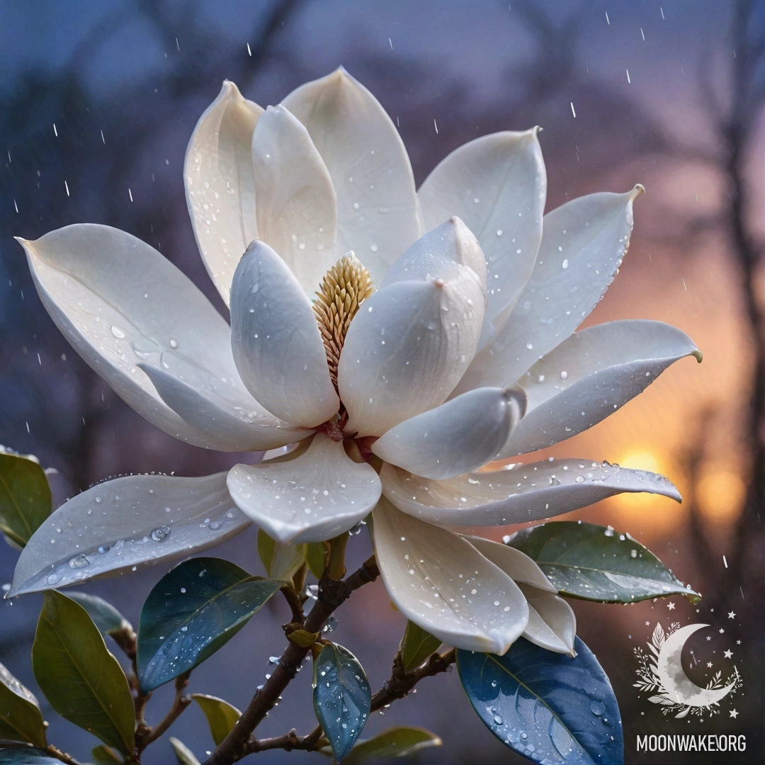 Magnolia Under Rain at Sunset A peaceful magnolia tree with blue hues, adorned with rhinestones, under the rain at sunset.