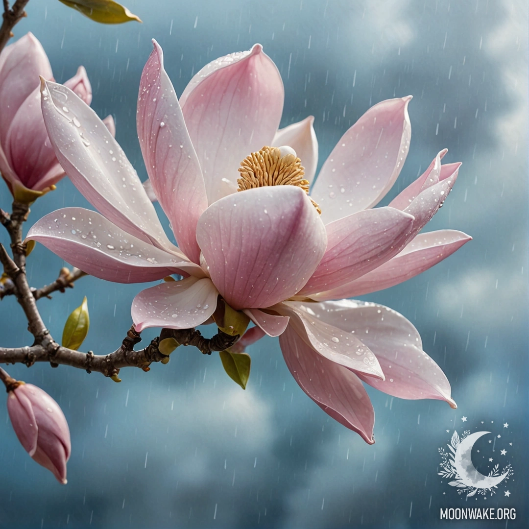 Magnolia Under Rain with Sunlight A calm magnolia tree with raindrops, sparkling rhinestones, and sunny rays.