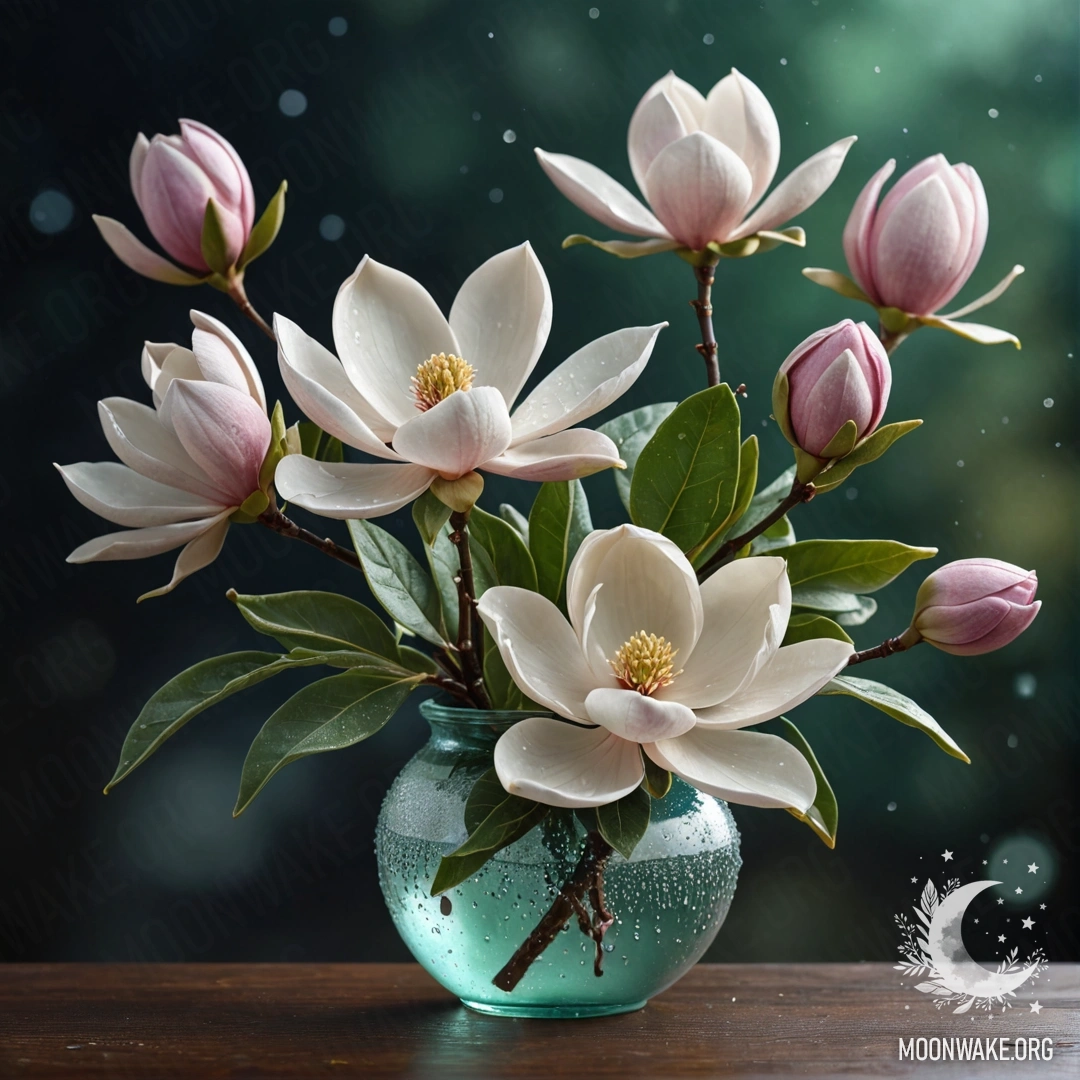 A beautiful magnolia flower with dew drops, placed in a sage-colored vase at night.