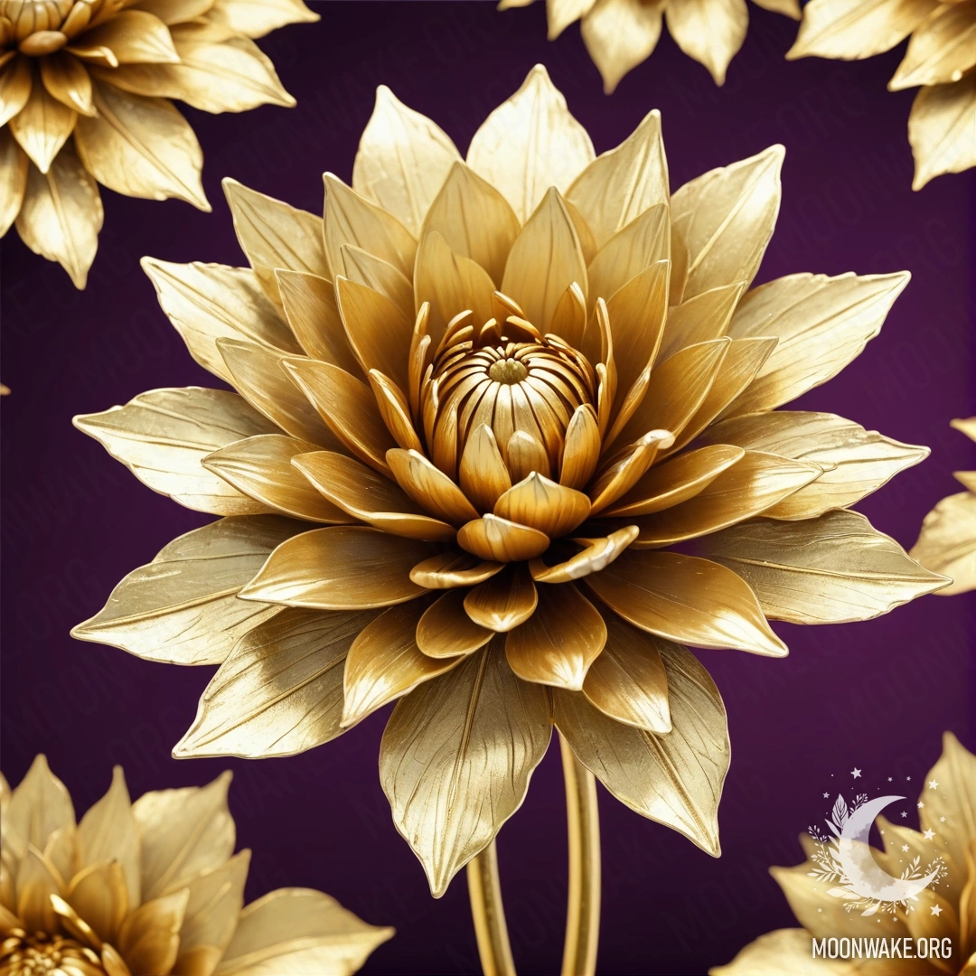 A magnificent flower made entirely of gold, with golden petals, a golden stem, and golden leaves.