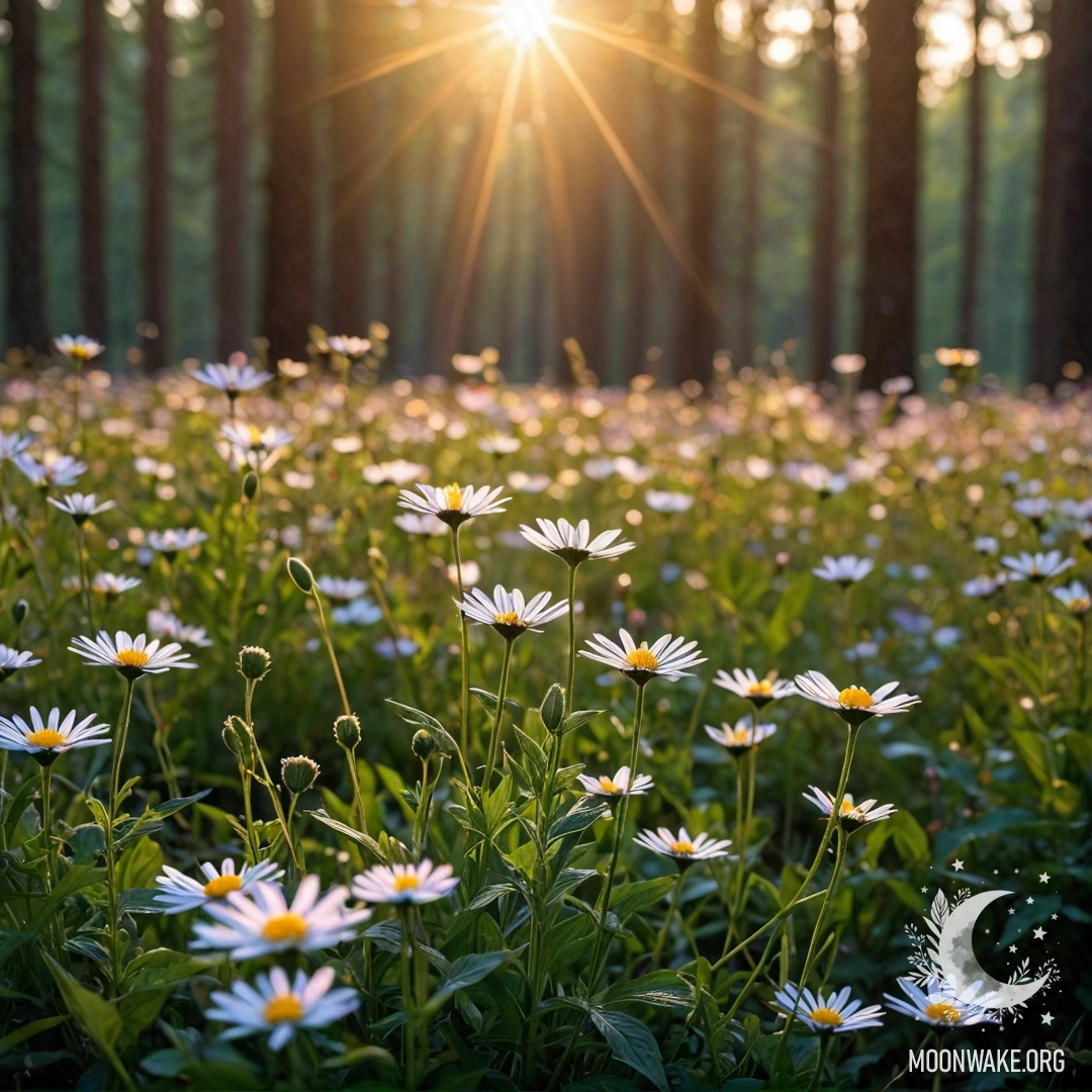 Close-up of beautiful field flowers with a bokeh forest background and sun rays