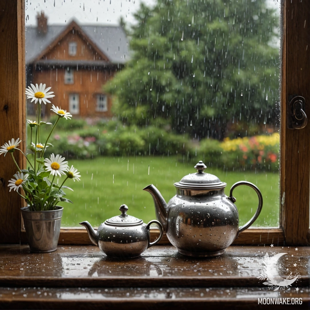 A metal teapot with floral patterns and daisies on a shabby wooden window sill in the rain.