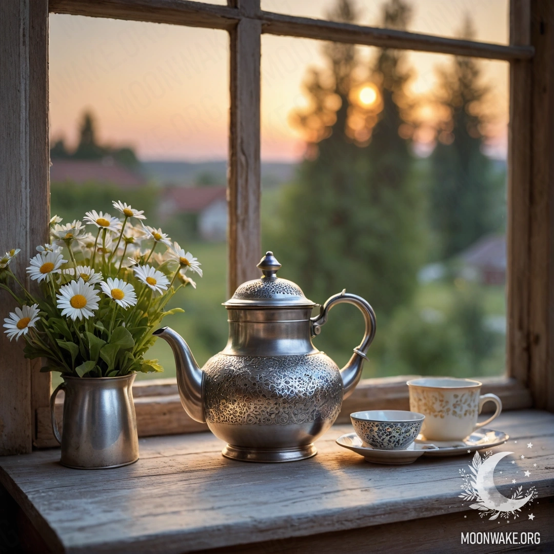 A shabby wooden window sill with a patterned metal teapot and daisies at sunset.