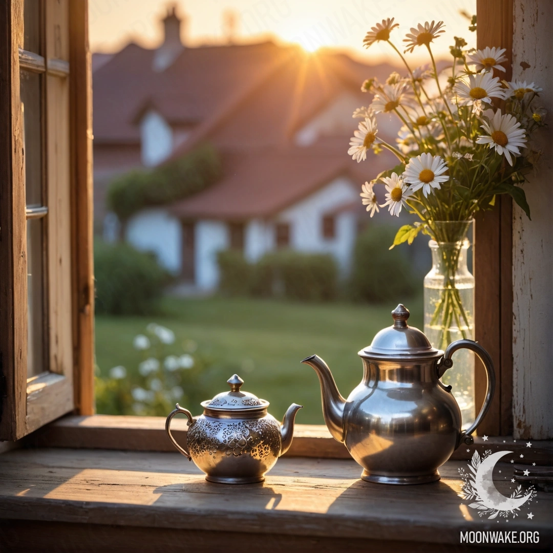 A beautiful wooden window sill with a metal teapot adorned with patterns and daisies on it, captured during sunset.